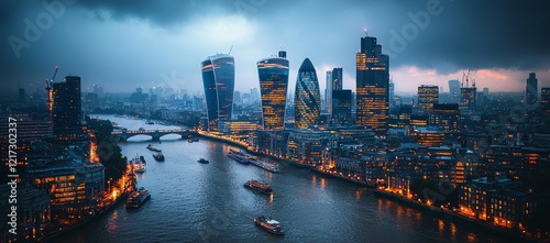 A scenic view of London's cityscape and boats on the River Thames in England, UK