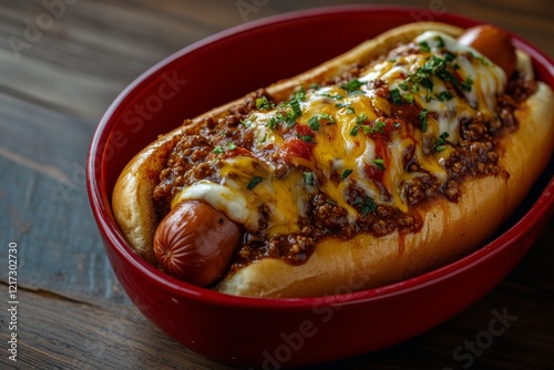 Delicious bowl of hearty chili with cheese and diced potatoes, served hot and...