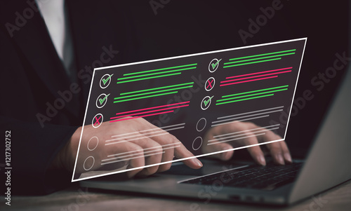 Performance checklist concept : businessman using finger with mobile phone for questionnaire, evaluation, assessment online or survey exam and filling out for digital survey and checklist.	
