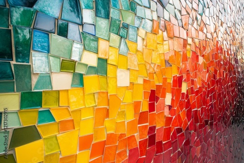 Colorful mosaic wall artwork displays vibrant hues and unique shapes in creat...