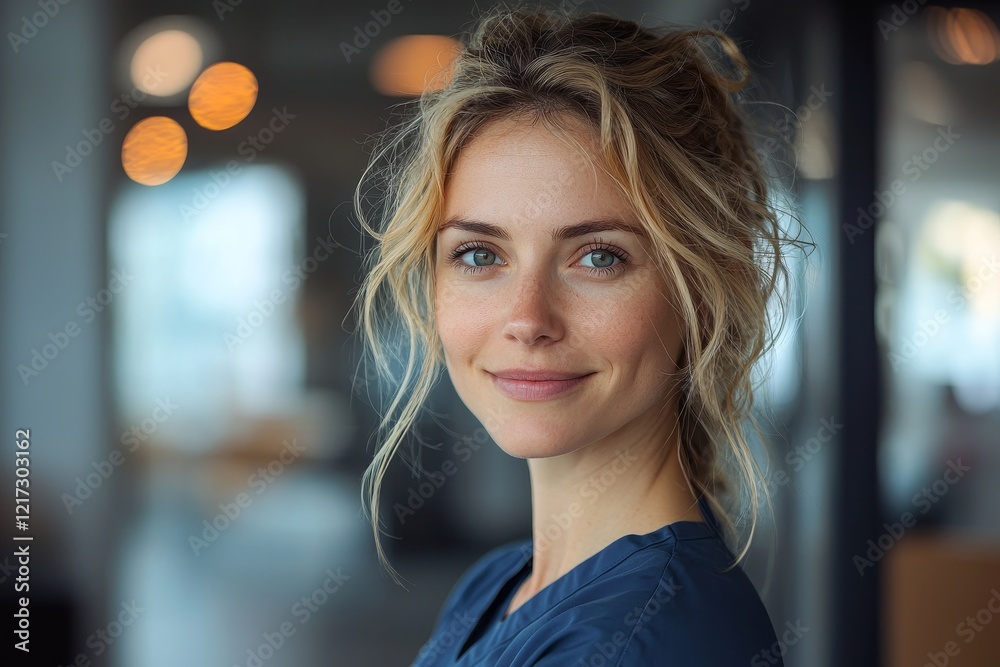 Fototapeta premium Blonde nurse smiling directly at the camera, revealing her teeth