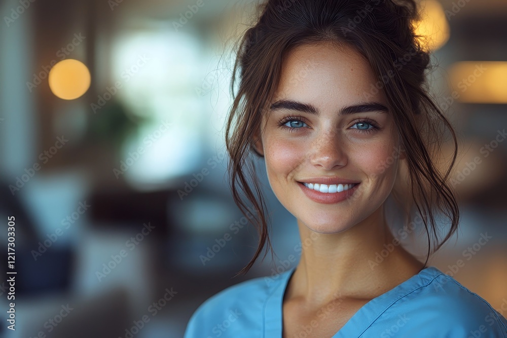 Fototapeta premium Nurse with blonde hair grins widely while looking straight at the camera, exposing her teeth