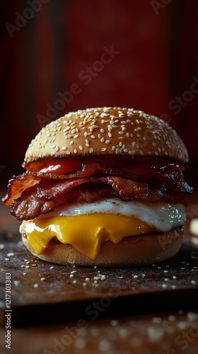 Delicious breakfast burger with egg, bacon, and cheese served on a sesame see...