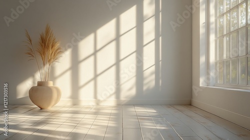 Modern interior with large windows showcasing a sunset over mountains and trees