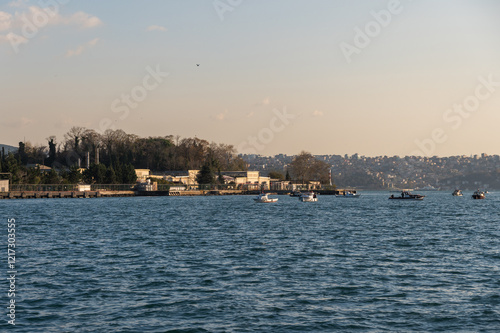 Beautiful sunset view of the Bosphorus coast, seagulls and boats Istanbul, Turkey.