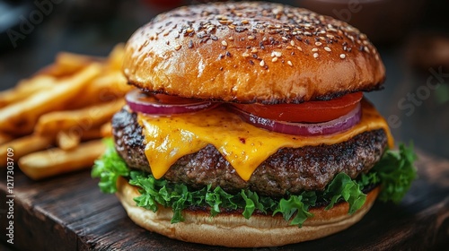 Delicious burger with cheddar cheese, fresh vegetables, and crispy fries serv...