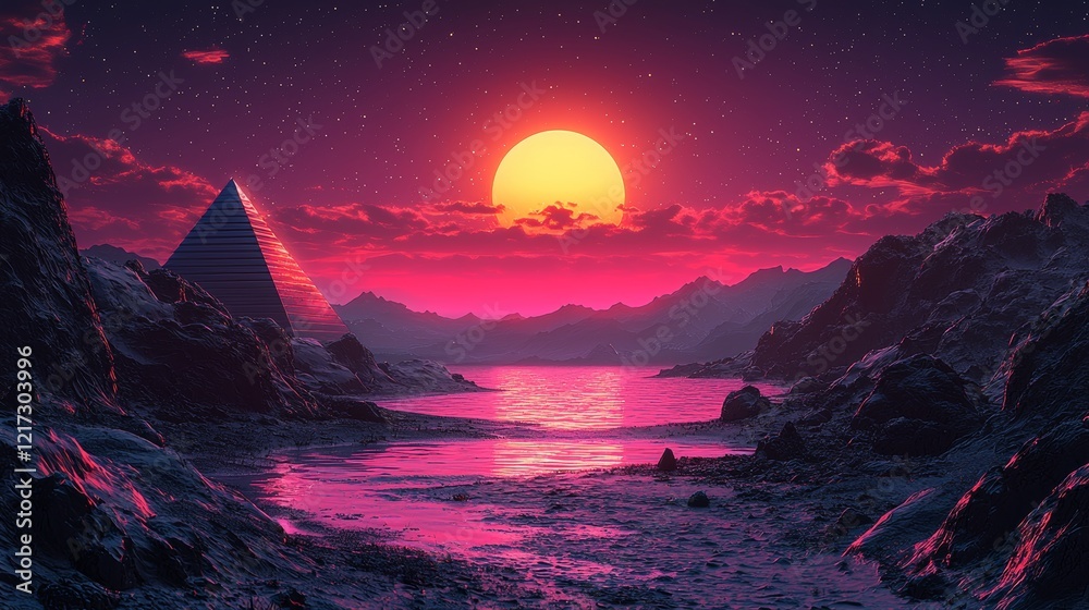 Fototapeta premium generated by AIIn this surreal scene, pyramids stand tall with a neon pink sun in the sky