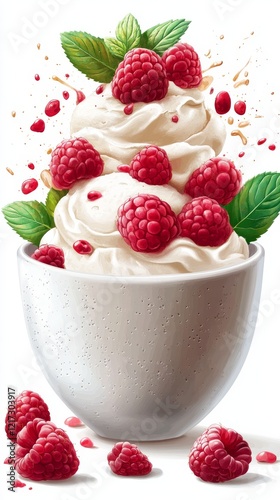 Creamy vanilla ice cream topped with fresh raspberries and mint leaves in a bowl