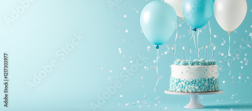Pastel blue birthday cake with balloons and copy space