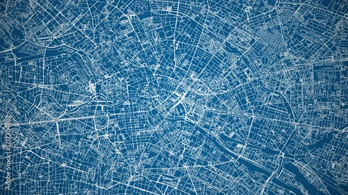 Ink reveal animation of Berlin city, Germany, grid map. Aerial top view. Blueprint style. White lines with blue background. 4K Seamless loop.