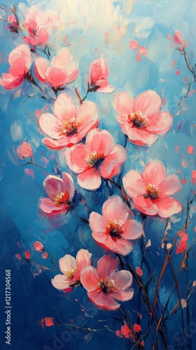 Blossom branch with pink flowers on a blue background showcasing nature's bea...