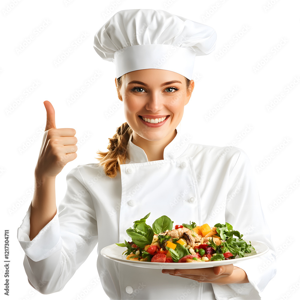 Chef Woman presents a delicious dish and gives a thumbs up. Chef holding a fresh salad gives a thumbs up. Chef Woman presents a delicious dish and gives a thumbs up. Chef holding a fresh salad gives a thumbs up.