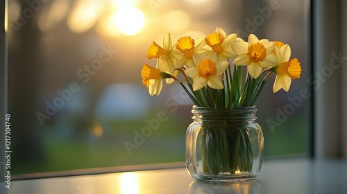 Daffodils blooming in a glass jar amidst a sunlit garden during springtime