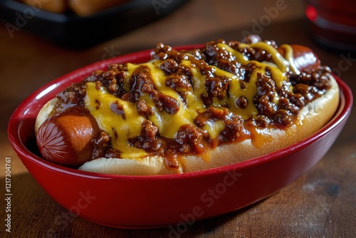Delicious bowl of hearty chili with cheese and diced potatoes, served hot and...