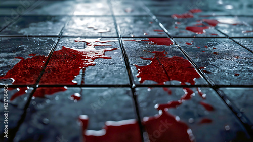 Creepy horror scene, where blood is everywhere on the floor, blood gory sight of a scary scene. photo