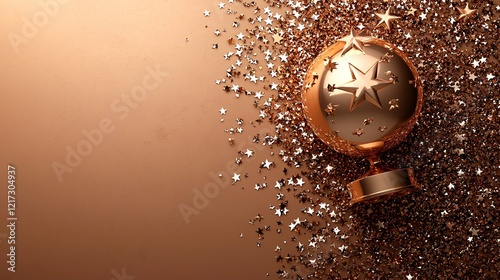 golden globe trophy with star confetti on a brown background for awards and celebrations photo
