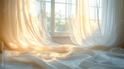 Bright sunlight streams through sheer curtains in a serene room showcasing gr...