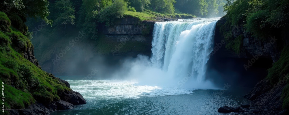 Fototapeta premium Dramatic waterfall, white water isolated on black, river, white, image