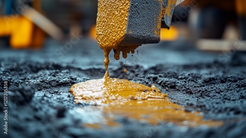 Construction workers pouring concrete on a newly paved street at dusk in an u...