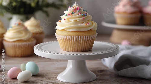 Festive cupcake with colorful frosting and sprinkles surrounded by pastel egg...
