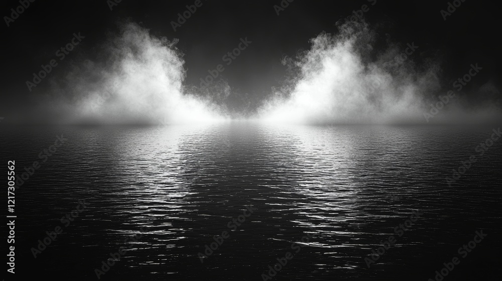 On an isolated background, an explosion chemistry smoke bomb is depicted. Overlaid with freezing dry fog bombs texture, a reflection is also shown in water On an isolated background, an explosion chemistry smoke bomb is depicted. Overlaid with freezing dry fog bombs texture, a reflection is also shown in water