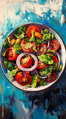 Fresh salad with vibrant vegetables in a colorful bowl on an artistic background