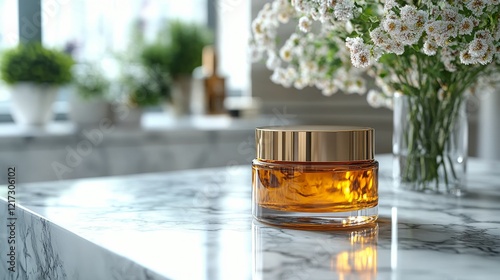 Elegant glass jar of skincare product on a marble countertop with floral arra...
