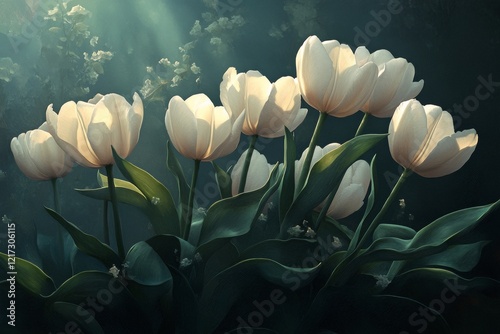 Beautiful white tulips blooming in soft light amidst green leaves in a serene...