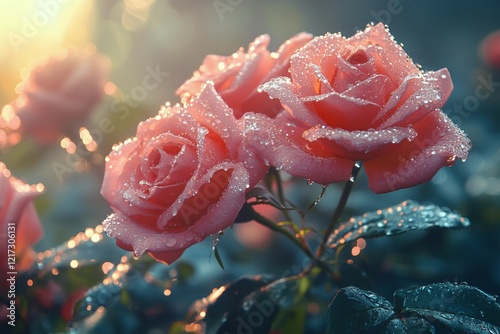 Beautiful pink roses with dew drops glistening in the early morning sunlight