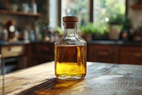 Glass bottle filled with golden oil placed on wooden kitchen table with natur...
