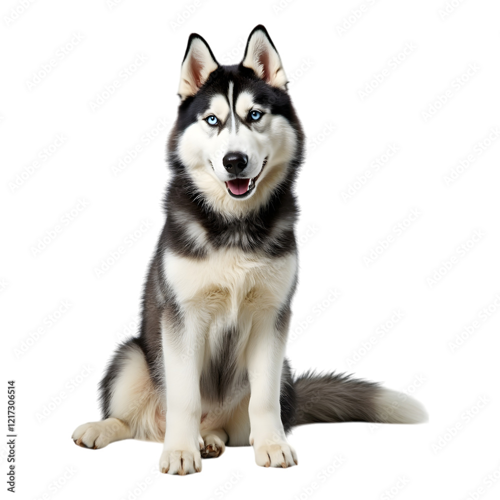 Striking siberian husky with blue eyes and a thick black and white coat sitting on transparent background
Striking siberian husky with blue eyes and a thick black and white coat sitting on transparent background