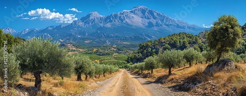 A broad vista highlighting numerous olive orchards in the Andalusian countryside, Spain