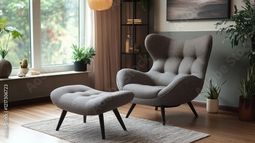 Comfortable gray armchair with ottoman in a modern living space surrounded by...