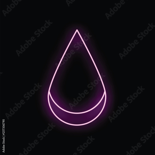 Neon sign in the shape of a water drop glowing pink on black background