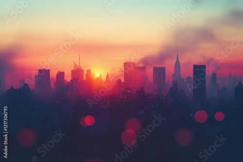 Stunning sunset illuminates city skyline with vibrant colors and silhouettes ...