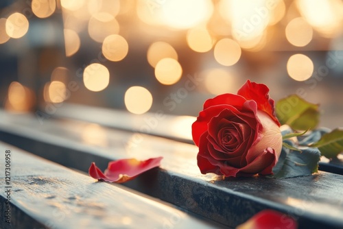 A single rose lying on an empty park bench, its petals beginning to wilt under the soft afternoon light