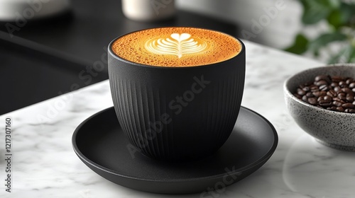 Coffee in a black cup with latte art on a marble table in a cozy cafe