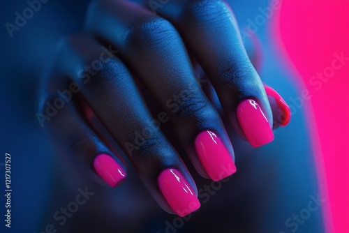 Bright pink nails shine in neon light showcasing creativity and style in an a...