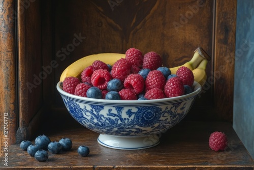 Fresh fruit bowl with bananas, raspberries, and blueberries on a kitchen table