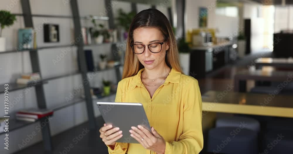 Businesslady working on digital tablet, accessing documents, editing information, managing to-do lists, busy in work-related tasks, learning new tools or apps, provide support to clients, review data