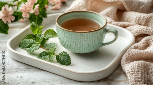 Warm cup of herbal tea with mint leaves on a cozy bed in soft morning light