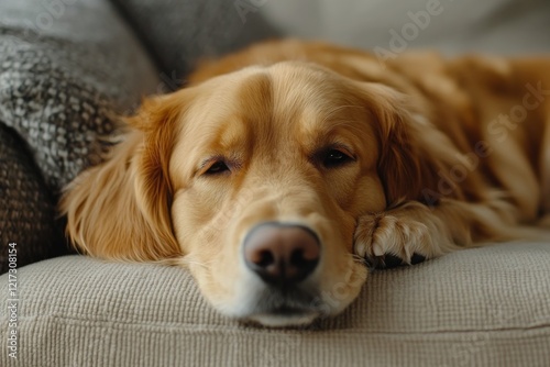 Beagle dog peacefully sleeping on a cozy leather sofa at home during the afte...