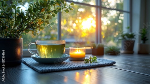 Sipping herbal tea by the window while enjoying a sunset in a cozy indoor space