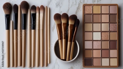 Various makeup brushes and a large eyeshadow palette arranged on a marble sur...