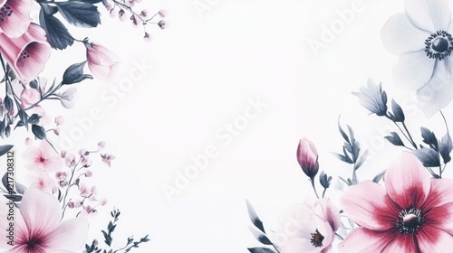 Elegant floral frame with pink, white, and gray flowers on white background.