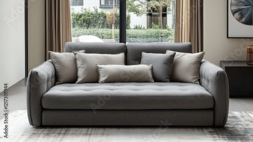 Modern grey sofa with decorative cushions displayed in a stylish living room ...