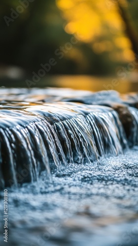 Swirling water motion under golden sunlight in a serene natural setting