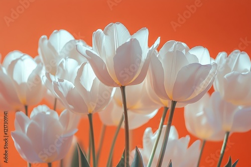 White tulips bloom against a vibrant orange background in a striking floral d...
