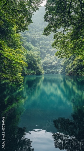 Tranquil river surrounded by lush greenery in a misty forested area