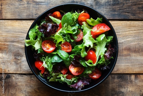 Colorful rice bowl with assorted vegetables served in black stoneware at a di...